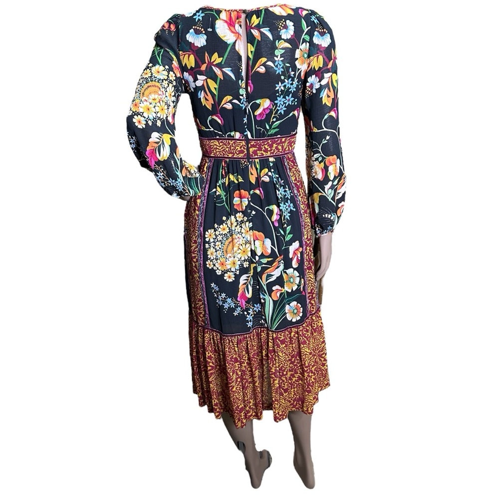 Anthropologie Adair Vibrant Floral Velvet-Trimmed Midi Dress Flounce Ruffle - Picture 8 of 12